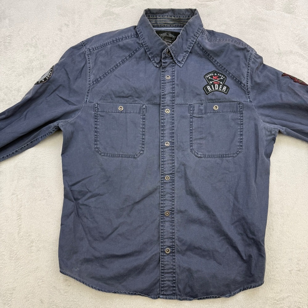 Harley Davidson Button Down Shirt Mens Large Blue Hard Fast Rider Moto Biker Y2K